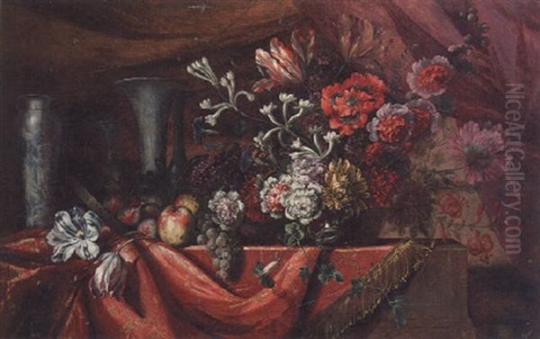 Carnations, Parrot Tulips, Morning Glory And Other Flowers In A Bowl With Fruit And Porcelain Vases On A Table Oil Painting by Etienne-Barthelemy Garnier