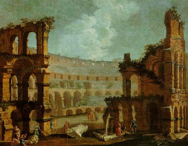 Rome: A Capriccio Of The Colosseum With Figures Examining Pieces Of Ancient Sculpture Oil Painting by Pietro Francesco Garoli