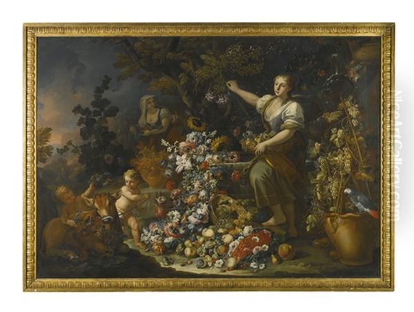 Two Young Women Bring Flowers To A Fountain From Which Other Flowers Are Spilling, With Two Putti Adorning A Calf With Garlands Oil Painting by Giorgio Garri