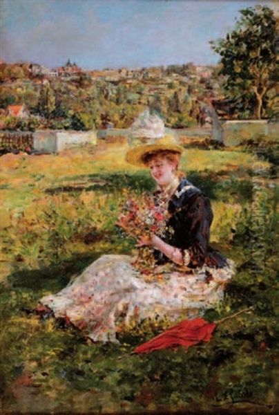 Jeune Elegante Composant Un Bouquet De Fleurs Des Champs Oil Painting by Eduardo Leon Garrido