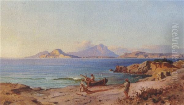 Parti Fra Napolibugten Med Fiskere I Arbejde Pa Stranden Oil Painting by Heinrich Gaertner