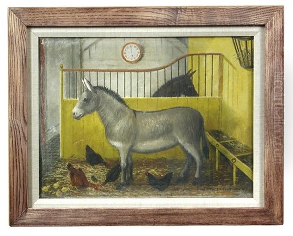 Nathaniel And Patsy, Two Donkeys In A Stable With Chickens Oil Painting by Ellen Lucy Tirzah Garwood