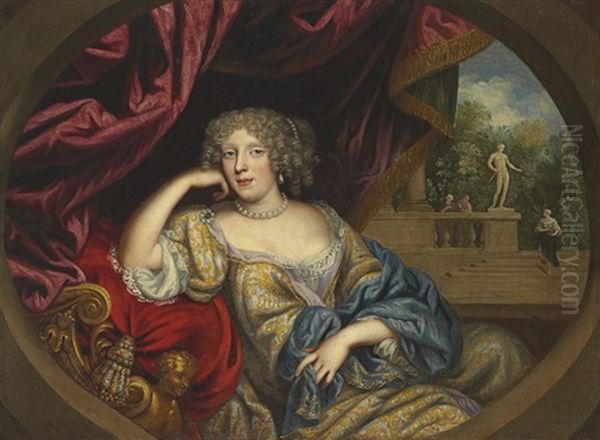 Portrait Of A Lady, Seated Three-quarter-length, In A White And Gold Gown With A Blue Robe, A Garden Beyond Oil Painting by Henri Gascars