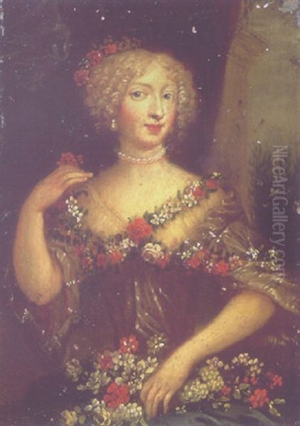 Portrait Of A Lady As Flora, Seated In An Interior Wearing A Dress Adorned With Flowers Oil Painting by Henri Gascars