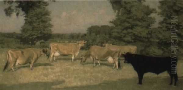 Longueville Brownie. V And Four Other Jersey Cows Grazing Oil Painting by George Gascoyne