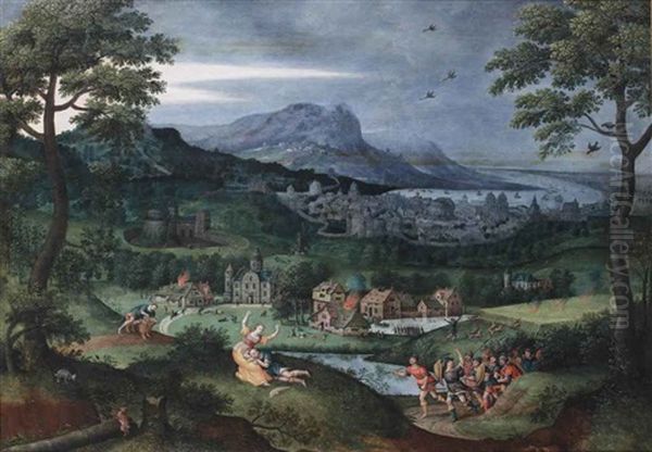 A Mountainous River Landscape With Scenes From The Life Of Samson Oil Painting by Lucas Gassel