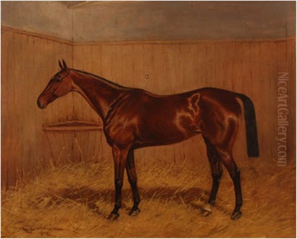 Chestnut Hunter In A Loose Box Oil Painting by Charles E. Gatehouse