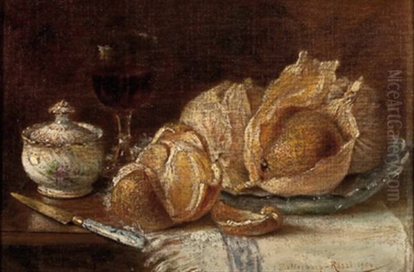 Stillleben Mit Obst, Glas Wein Und Porzellandose Oil Painting by Lea Gatterburg-Rossi