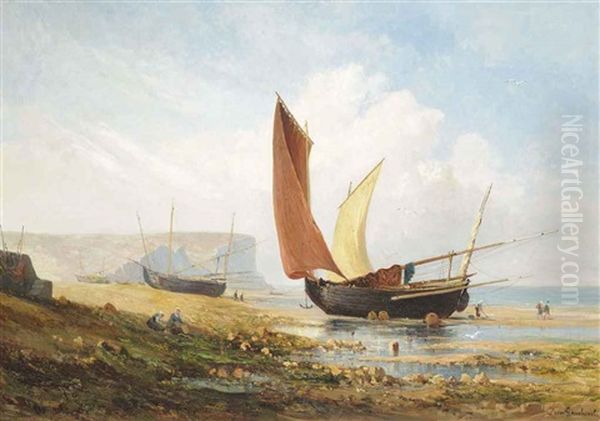 Fisherfolk On The Normandy Coast Oil Painting by Leon Gaucherel