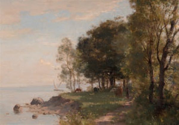 Uferlandschaft Mit Weidenden Kuhen Und Segelboot Oil Painting by Leon Gaud