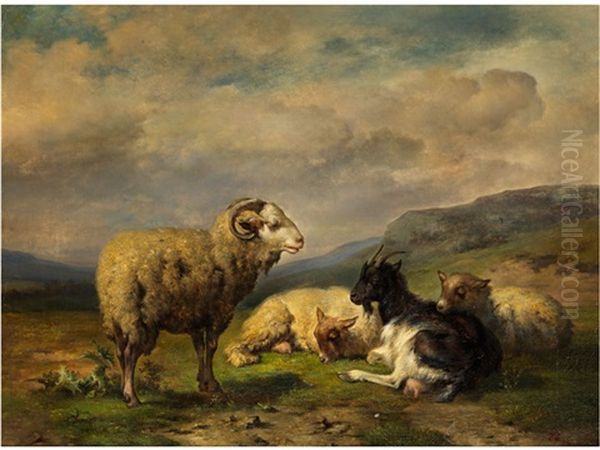 Schafe Und Ziegen In Einer Bergigen Landschaft Oil Painting by Friedrich Gauermann