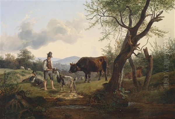 Ein Hirte, Der Einem Ziegenbock Etwas Gibt, Daneben Ein Junger Stier. Mehrere Schafe, Hinter Denen Baume Und Kleine Gebirge, Von Der Sonne Beleuchtet. Im Vordergrund Eine Lache Oil Painting by Friedrich Gauermann