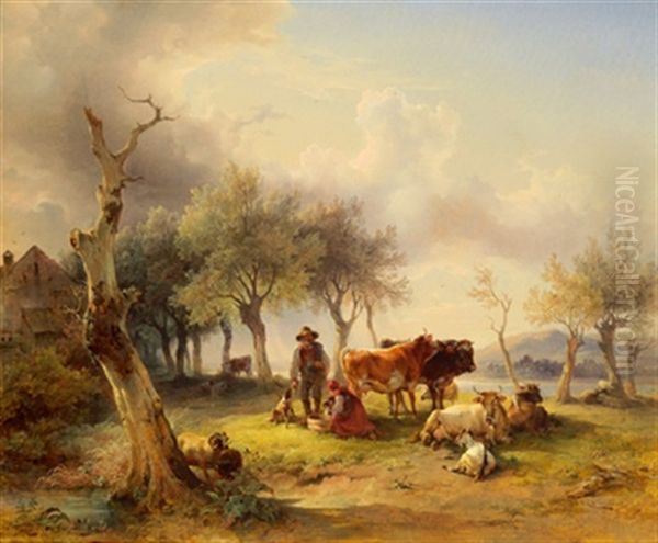 Eine Viehweide Unter Baumen, Im Hintergrund Ein Kleines Schloss Oil Painting by Friedrich Gauermann