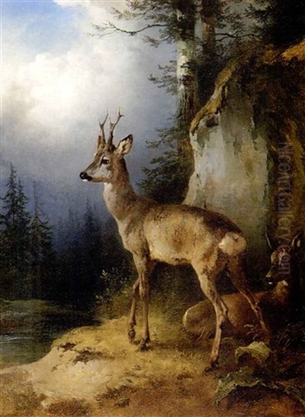 Rehbock Und Geis An Einem Gebirgsweiher Oil Painting by Friedrich Gauermann
