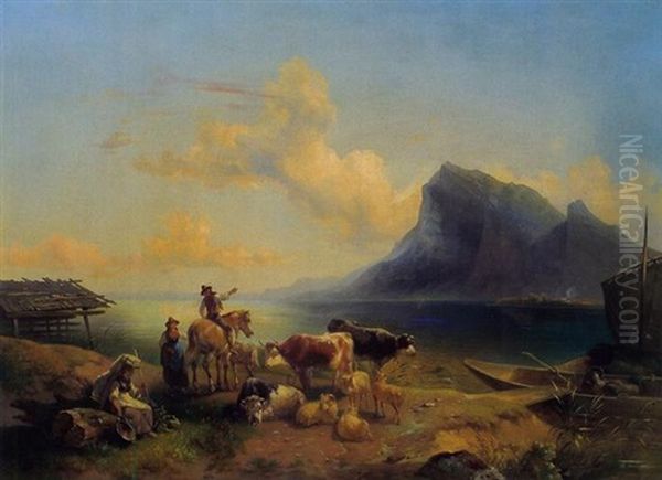 Bauern Mit Viehherde An Einem Gebirgsee Oil Painting by Friedrich Gauermann