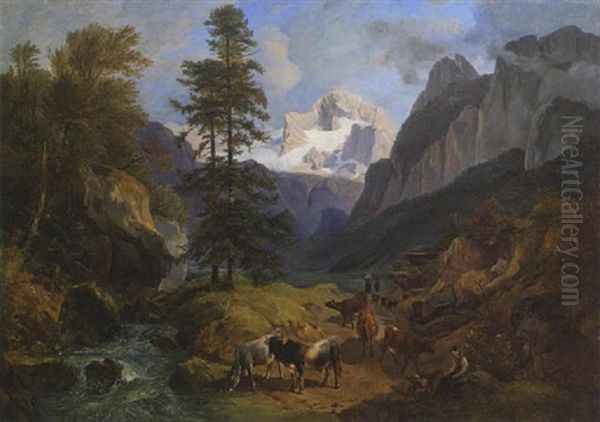 Viehtrieb Am Vorderen Gosausee Oil Painting by Friedrich Gauermann
