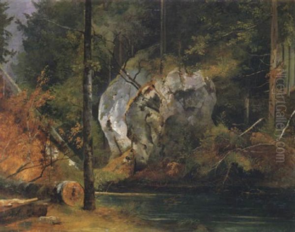 Felsblock An Einer Waldlichtung Oil Painting by Friedrich Gauermann
