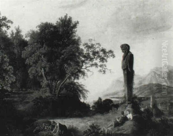Classical Italianate Landscape With Figures Beneath A Statue Of Pan Oil Painting by Louis Gauffier