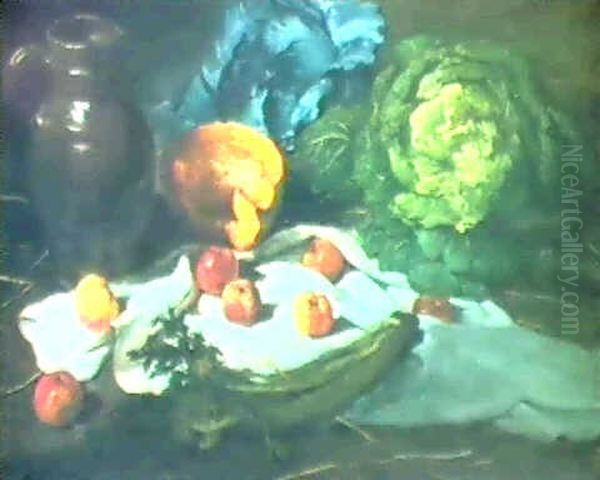 Still Life With A Pitcher, A Melon, Cabbages, Celery And    Apples Oil Painting by Armand Gautier