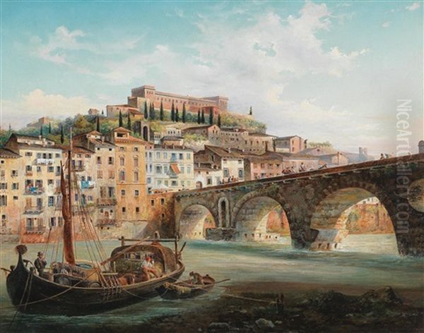 View Of Verona With The River Adige And Ponte Pietra Oil Painting by Natale Gavagnin