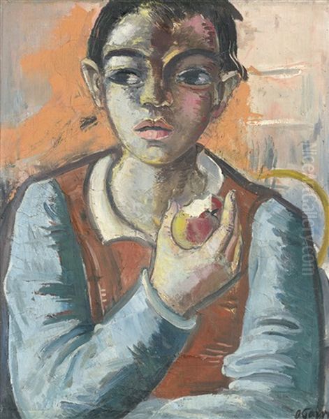 Junge Mit Apfel Oil Painting by Oskar Gawell
