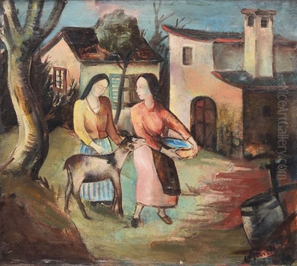 Two Women With Goat Oil Painting by Oskar Gawell