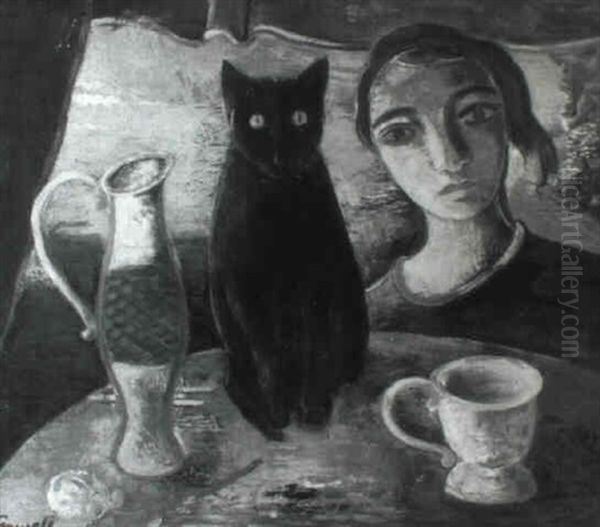 Madchen Mit Schwarzer Katze Oil Painting by Oskar Gawell
