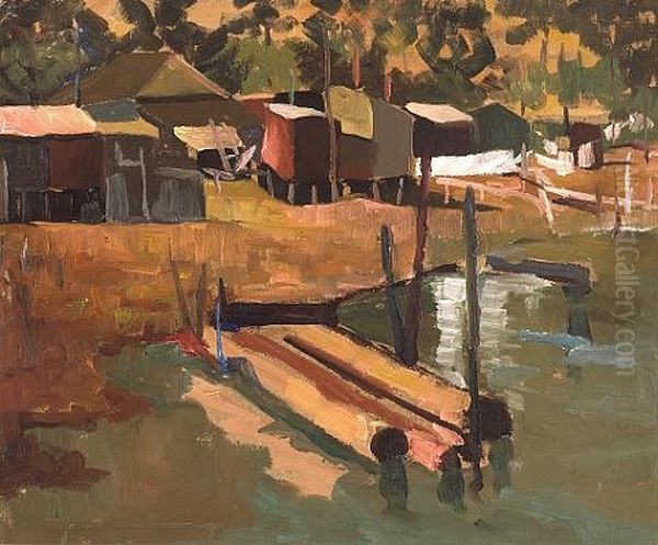 Untitled - Pier (+ Bayside Homes; Verso) Oil Painting by August Gay