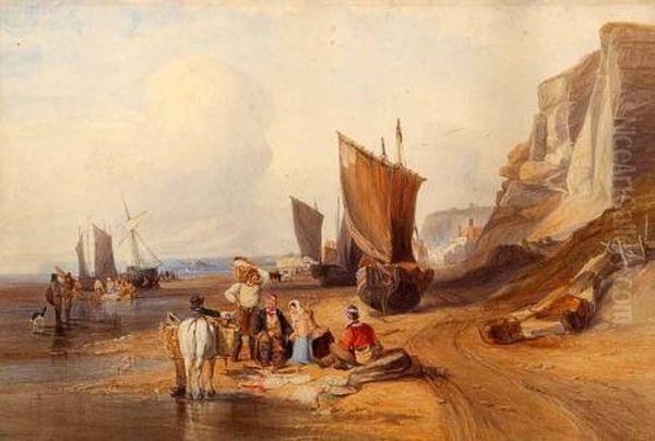 Coastal Scene With Fisherfolk Oil Painting by Thomas Brabazon Aylmer