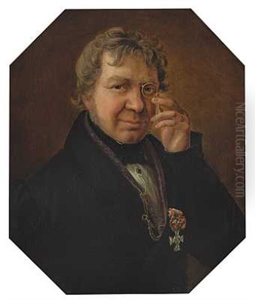 Portraet Af Kunstner I Sort Frakke Med Orden Og Lorgnet I Handen (+ Portraet Af Dennes Hustru I Gron Kjole; Pair) Oil Painting by Ernst Gebauer