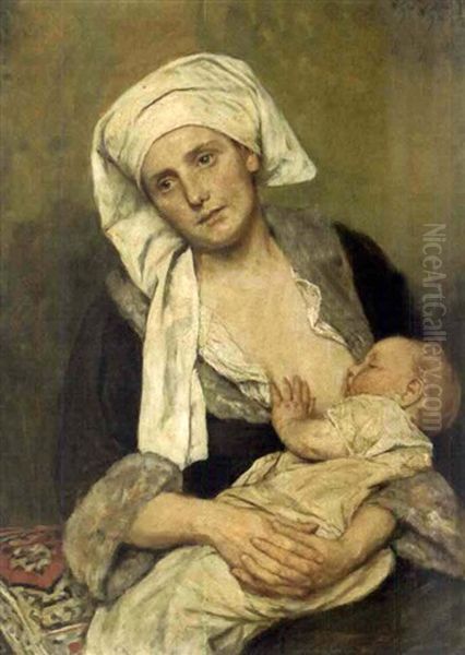 Woman Nursing A Child Oil Painting by Eduard Karl Franz von Gebhardt
