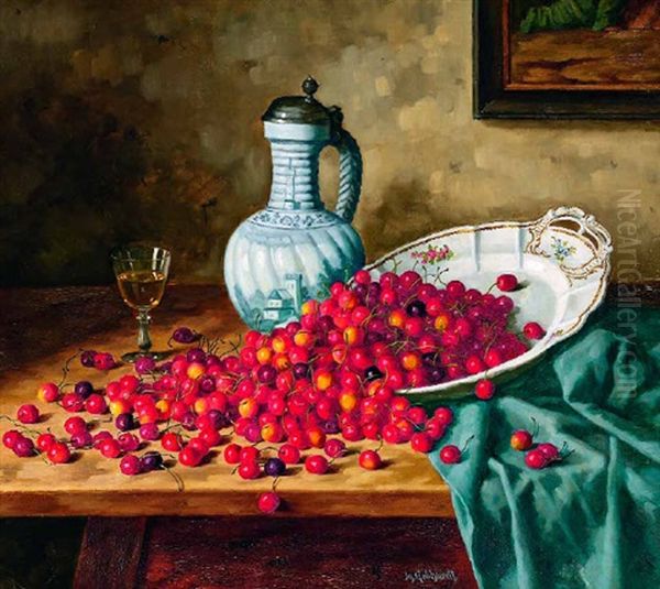 Stillleben Mit Kirschen Und Fayencekrug Oil Painting by Ignatz Heinrich Gebhardt