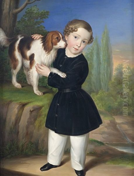 Bildnis Eines Knaben Als Ganzfigur Mit Jagdhund Vor Landschaftshintergrund Oil Painting by Johann Andreas Gebhardt