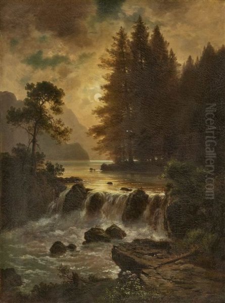 At The Outflow Of Lake Walchensee Oil Painting by Ludwig Gebhardt