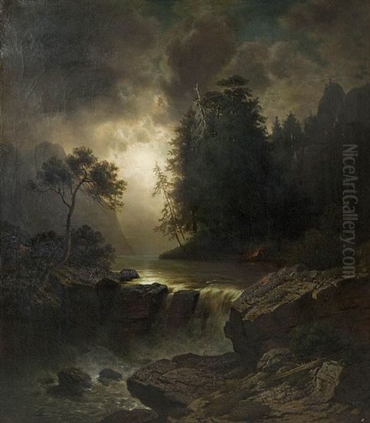 Alpine Landscape With Figures By A Campfire Near A Waterfall, Dark Clouds In The Background Oil Painting by Ludwig Gebhardt