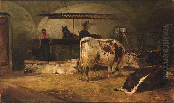 Blick In Einen Stall Mit Bauerin, Kuhen, Kalb Und Pferden Oil Painting by Ludwig Gebhardt