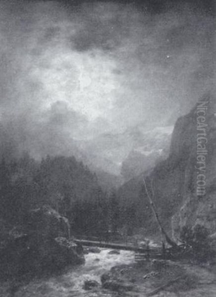 Gebirgslandschaft Im Mondlicht Oil Painting by Ludwig Gebhardt