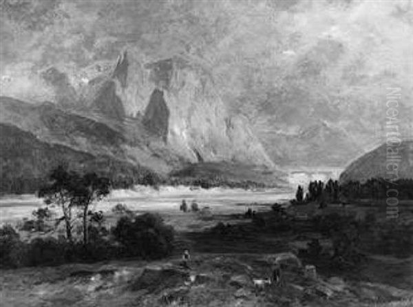 Blick Auf Das Karwendelgebirge Bei Krun In Den Bayrischen Alpen Oil Painting by Ludwig Gebhardt