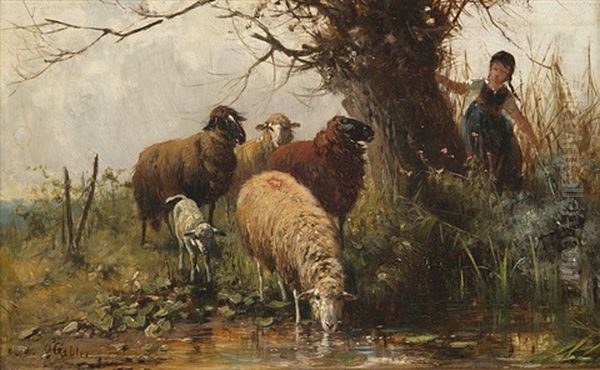 Kleine Hirtin Mit Ihren Schafen Beim Tranken Am Flussufer Oil Painting by Otto Friedrich Gebler