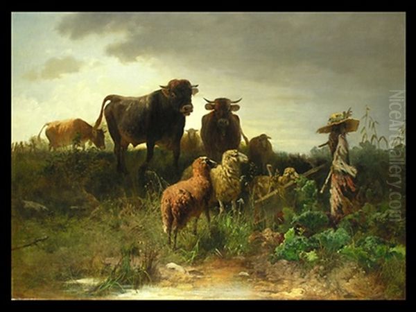 Schafe Und Kuhe Vor Einer Vogelscheuche Oil Painting by Otto Friedrich Gebler