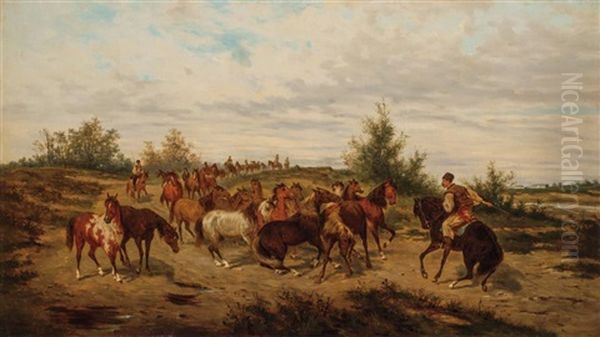 Herding The Horses Oil Painting by Ludwig Gedlek