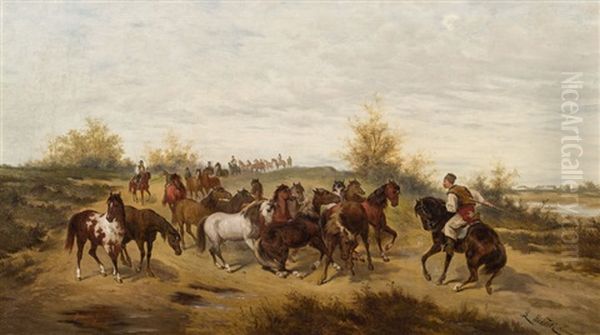 Pferde In Der Ungarischen Puszta Oil Painting by Ludwig Gedlek