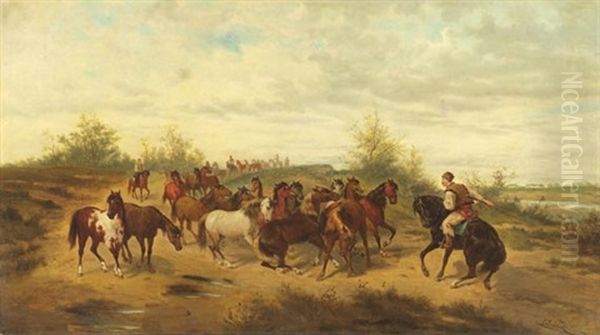Berittene Pferdehirten In Der Ungarischen Puszta Oil Painting by Ludwig Gedlek