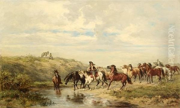 Chevaux A L'abreuvoir Oil Painting by Ludwig Gedlek