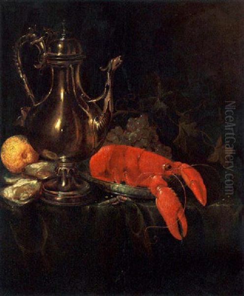 A Still Life With A Silver Ewer, A Lobster On A Porcelain Plate, Shrimps, Oysters, A Lemon, And Grapes Oil Painting by Jasper Geerards