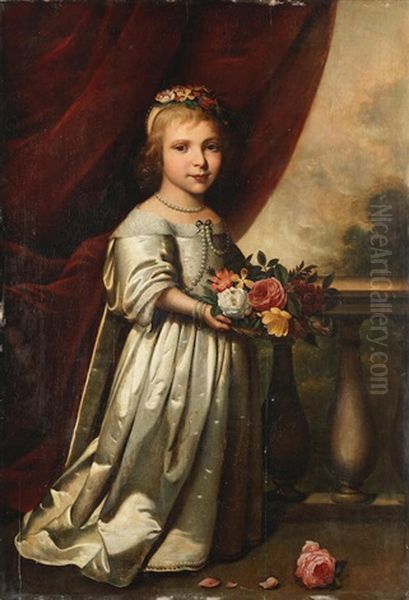 Portrait Of A Girl, Full-length, In A White Dress, Holding A Basket Of Flowers Oil Painting by Wybrand Simonsz De Geest