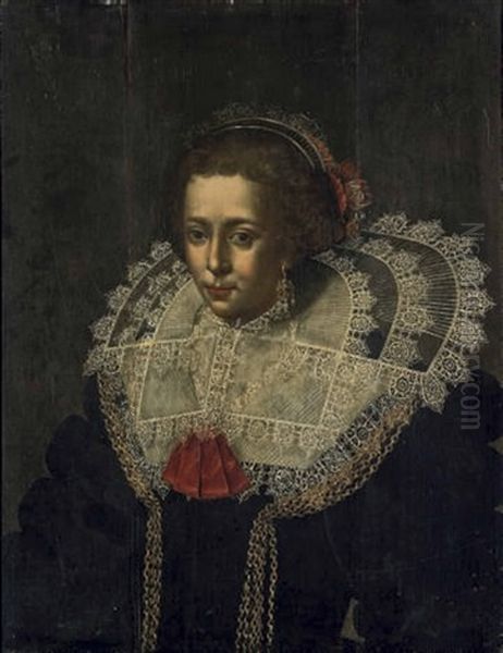 Portrait Of A Lady, Half-length, In A Lace-trimmed Black Dress And Lace Ruff Oil Painting by Wybrand Simonsz De Geest