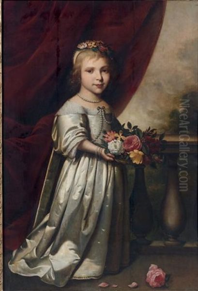 Portrait De Jeune Fille Tenant Une Corbeille De Fleurs Oil Painting by Wybrand Simonsz De Geest