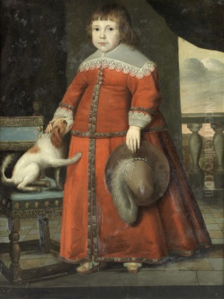 Portrait Of A Boy, Full-length, In Red Costume, Standing Beside A Spaniel On A Terrace Oil Painting by Wybrand Simonsz De Geest