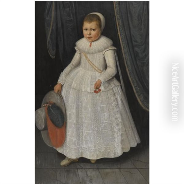 Portrait Of A Young Girl, Full Length, Wearing A White Lace Dress And Holding A Hat And Cherries Oil Painting by Wybrand Simonsz De Geest